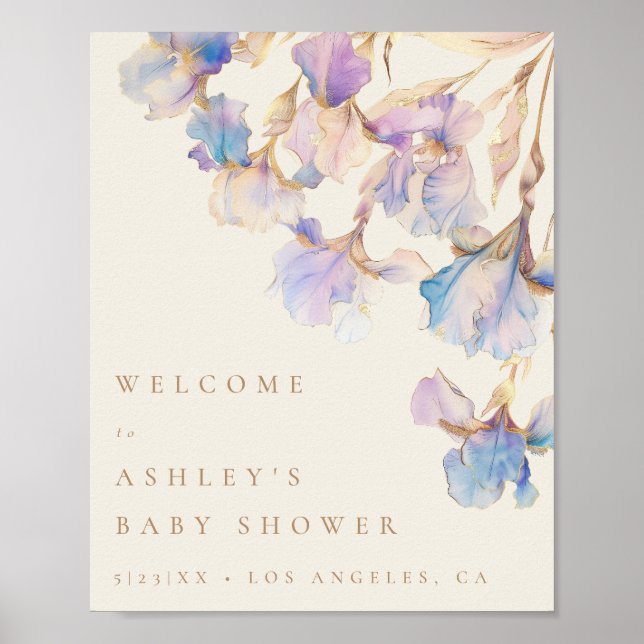Élégante Baby shower Floral Iris Affiche de bienve (Devant)