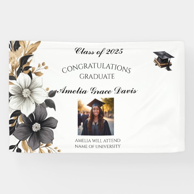 Élégante bannière de graduation florale noire et o (Horizontal)