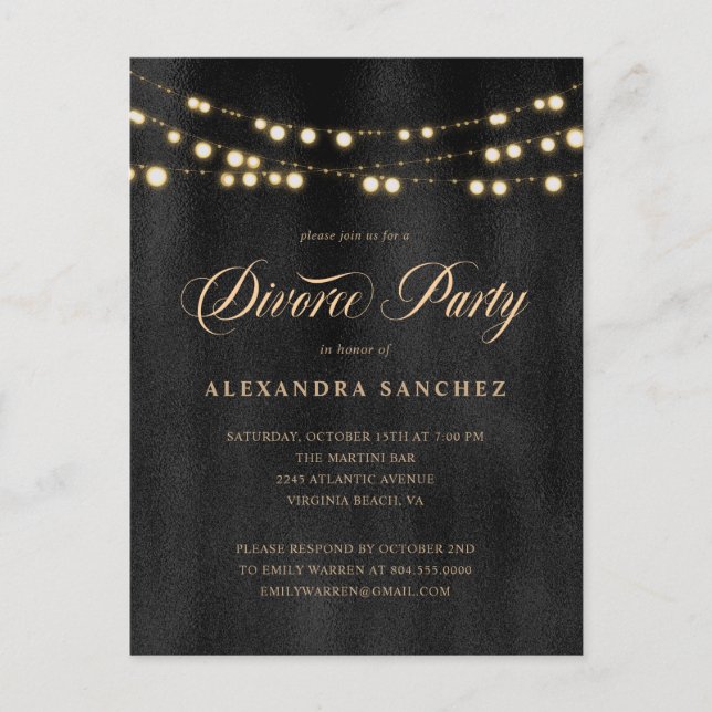 Élégante Black and Gold Divorce Party Invitation (Devant)