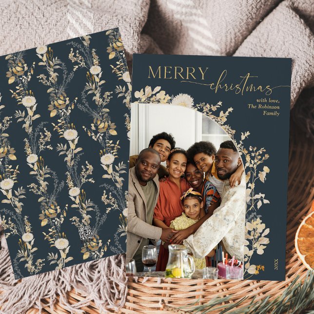 Elégante Blue Gold Floral 1 photo Carte de Noël (Créateur téléchargé)