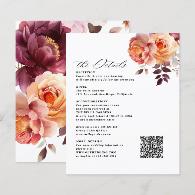 Elégante Bouquet Bourgogne Mariage Cartes de boîti (Devant / Derrière)