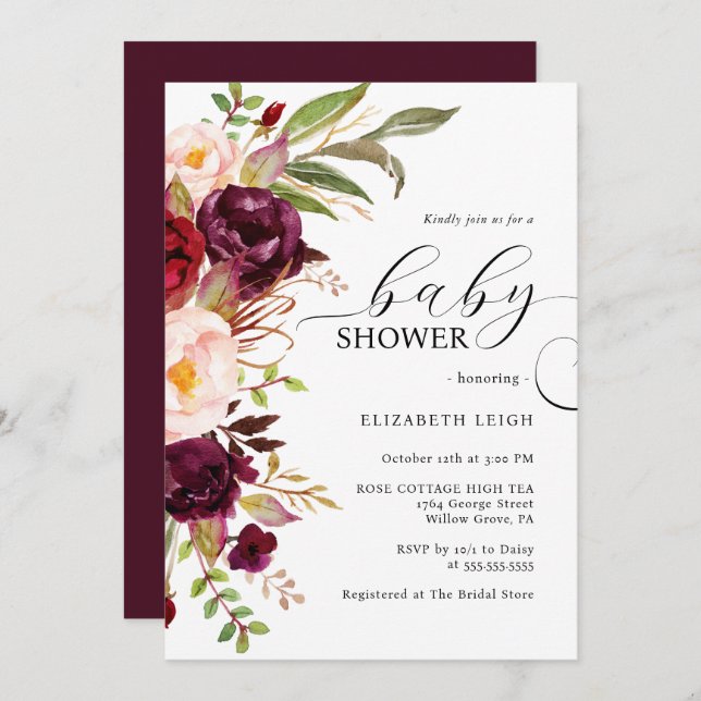 Elégante Bourgogne Floral Baby shower Invitation (Devant / Derrière)