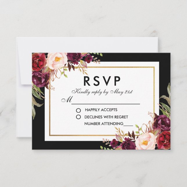 Elégante Bourgogne Floral Noir Mariage RSVP (Devant)