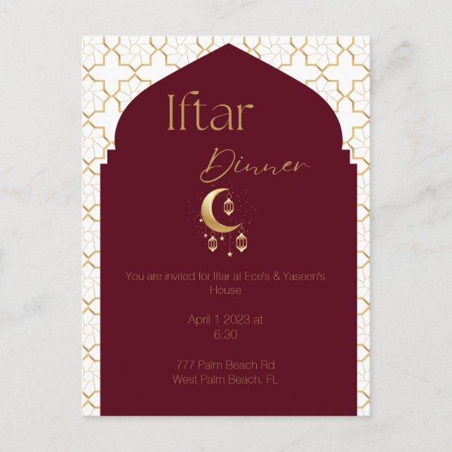 Elégante Bourgogne & Or Ramadan Iftar Invitation (Devant)