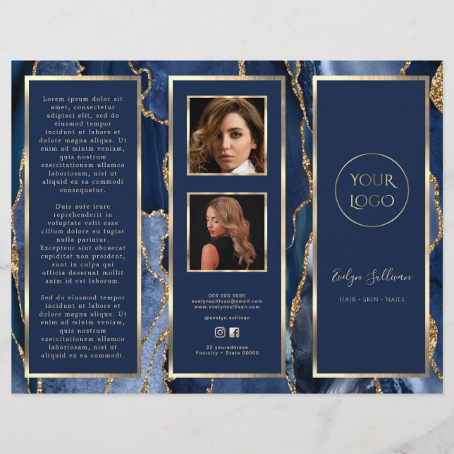 Élégante Brochure d'Agate Bleu Or (Devant)