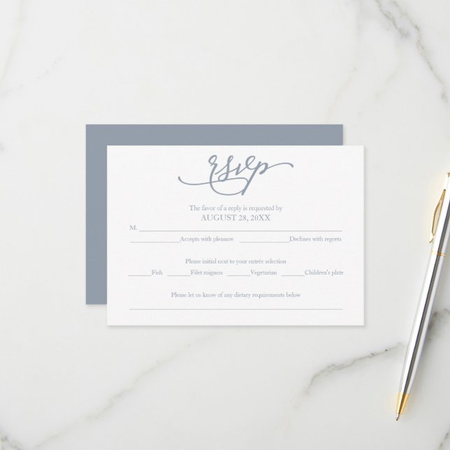 Élégante calligraphie Dusty Blue Wedding RSVP (Devant/Arrière en situation)