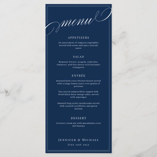 Élégante calligraphie Marine Bleu Classic Menu Mar (Devant)