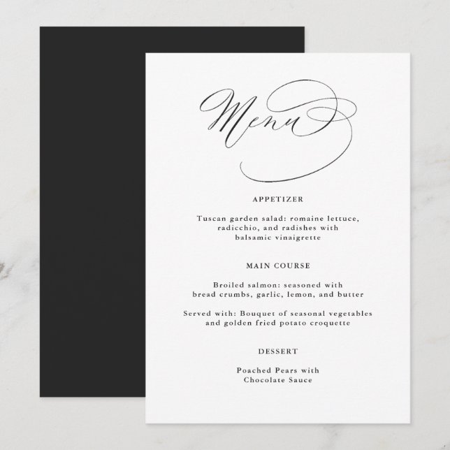 Élégante calligraphie noir blanc menu Mariage (Devant / Derrière)