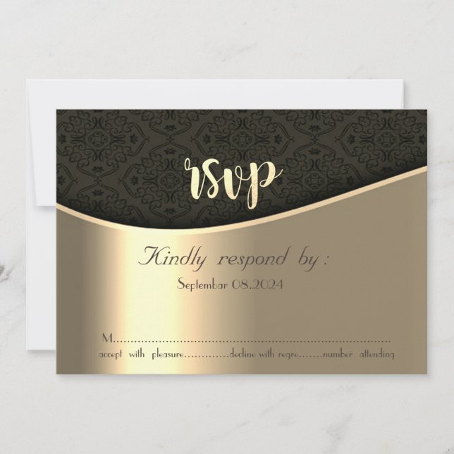 Elégante carte Black Damask Gold RSVP (Devant)