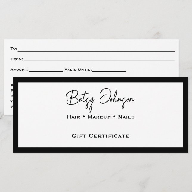 Élégante carte cadeau blanc et noir (Devant / Derrière)