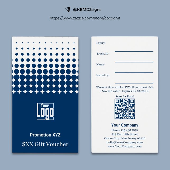 Élégante Carte cadeau Bleu Blanc Promotionnel (Elegant Blue White Promotional Gift Voucher Card, Logo, Track.ID., QR code, Terms)