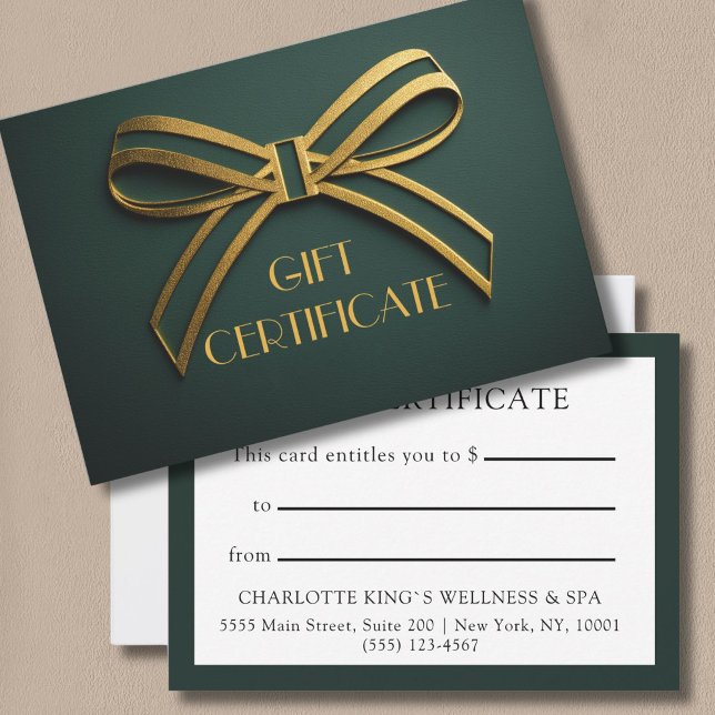 Élégante carte cadeau Green & Gold Ribbon (Custom Elegant Green & Gold Ribbon Gift Certificate Card)