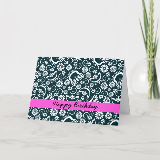 Elégante carte d'anniversaire noire blanche floral (Devant)