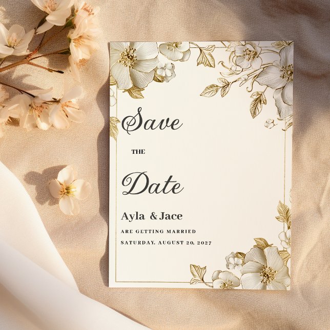 Élégante carte d'annonce de mariage blanc et or fl (Classy luxury white and gold floral Save the Date)