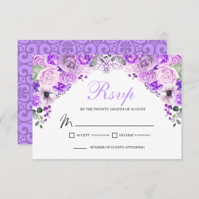 Élégante carte de boîtier RSVP Lilac Purple Floral (Devant / Derrière)