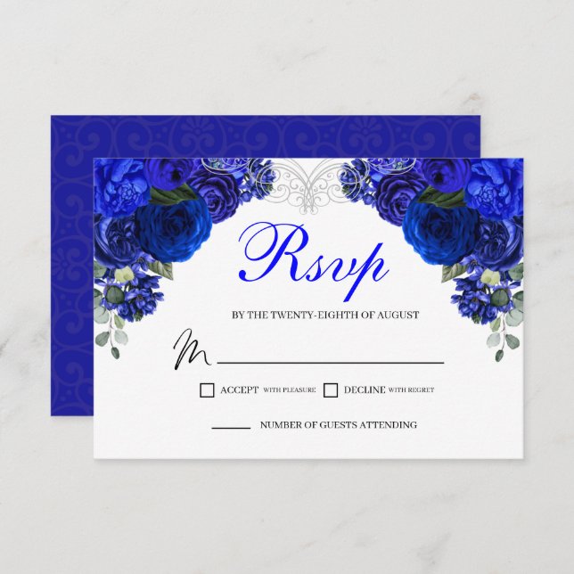 Elégante carte de boîtier RSVP Royal Blue Floral (Devant / Derrière)