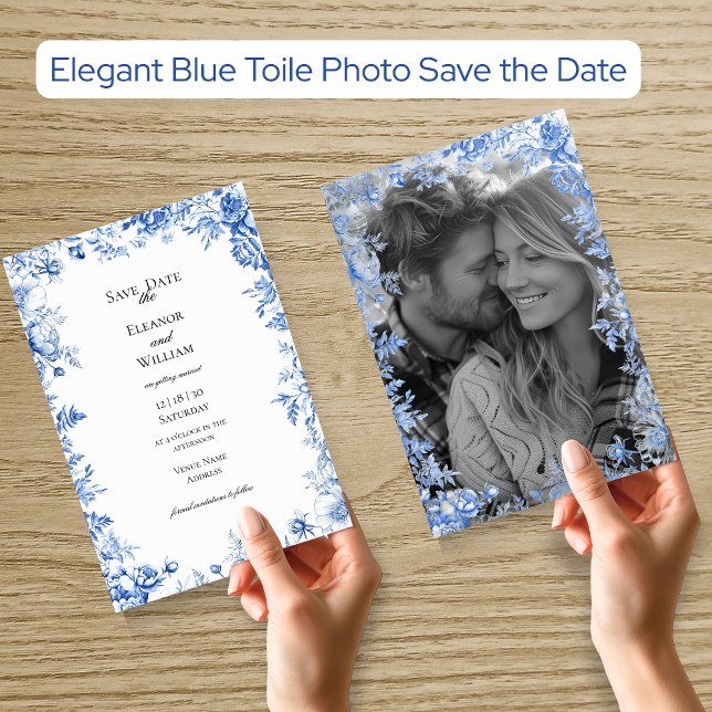 Élégante carte de faire-part de mariage photo Toil (Elegant Blue Toile Photo Save the Date Invitation
)