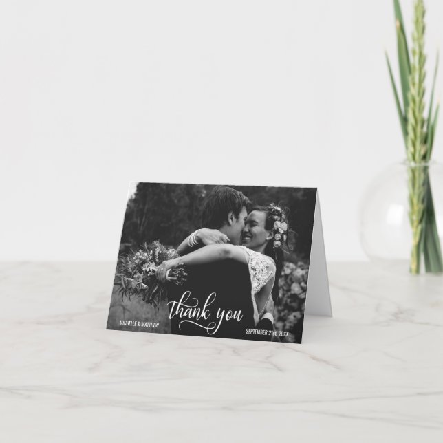 Elégante carte de mariage de MERCI de script | PHO (Devant)