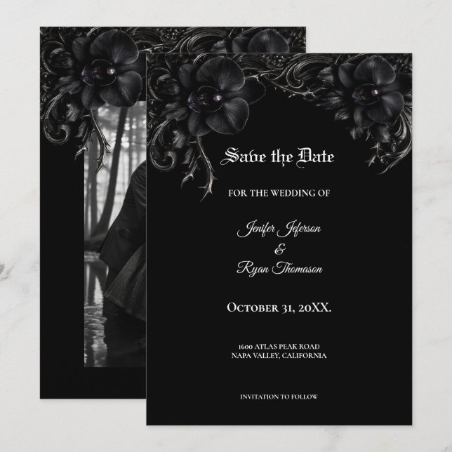 Élégante carte de mariage gothique Orchidée noire  (Devant / Derrière)