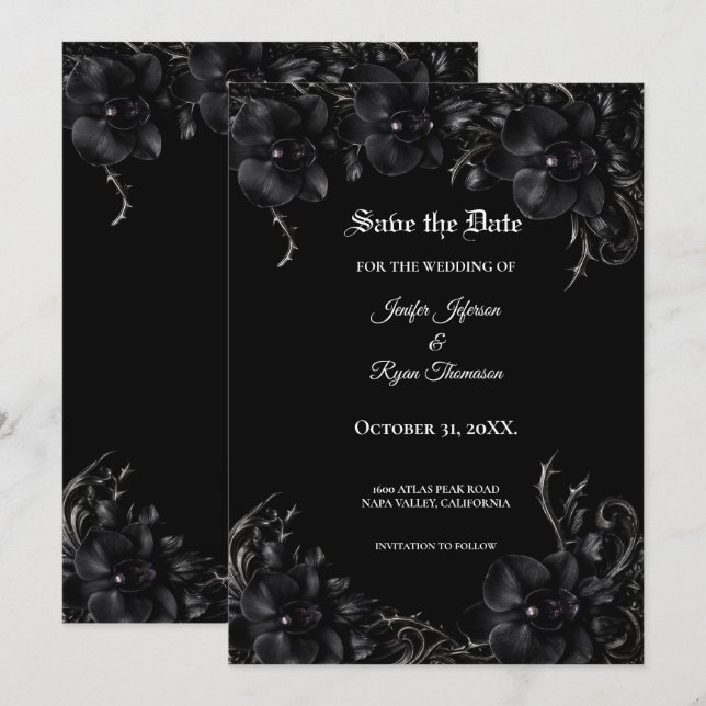 Élégante carte de mariage gothique Orchidée noire  (Devant / Derrière)