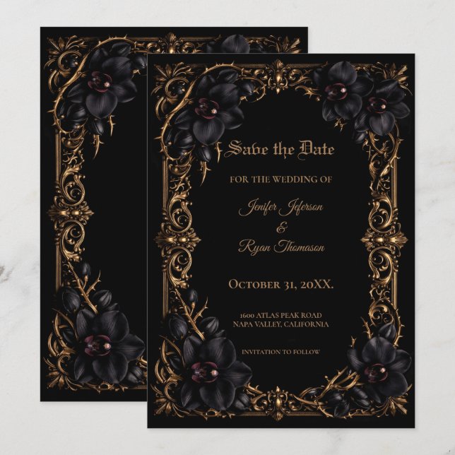 Élégante carte de mariage gothique Orchidée noire  (Devant / Derrière)