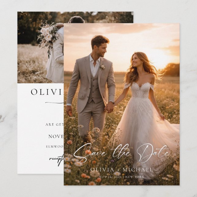 Élégante Carte de Mariage Photo avec Écriture Mode (Devant / Derrière)