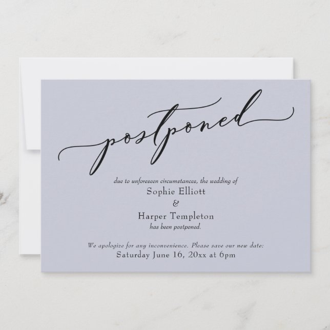 Élégante Carte de Mariage Reportée Simple Bleu Pou (Devant)