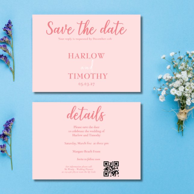 Elégante carte de mariage rose QR code Enregistrer (Elegant Wedding card Pink QR code Save the Date)