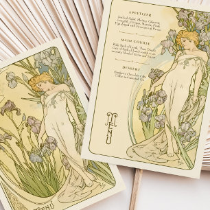 Elégante carte de menu Art Nouveau Iris Floral God
