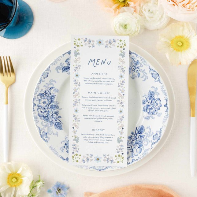 Élégante carte de menu de douche de mariage floral (Blue Floral Garden Bridal Shower Menu Card)