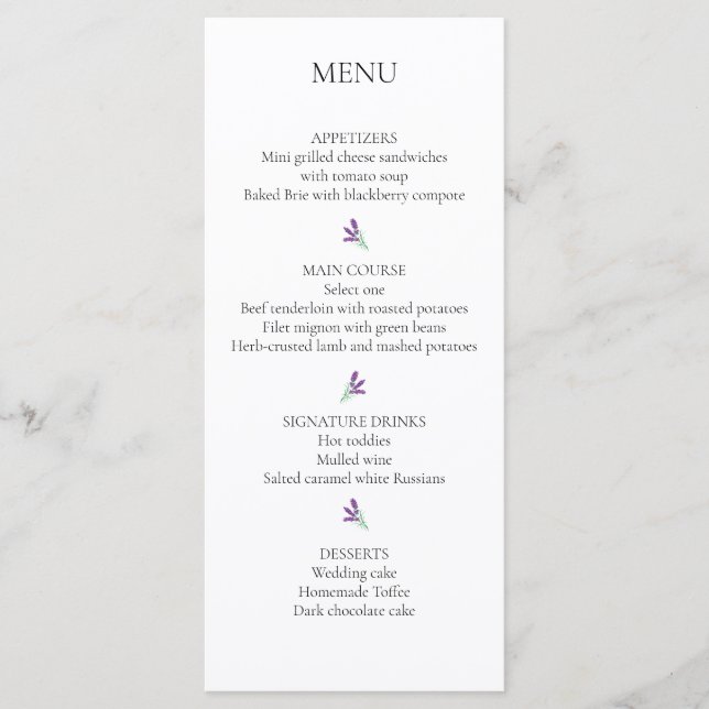 Elégante carte de menu de mariage Lavender (Devant)