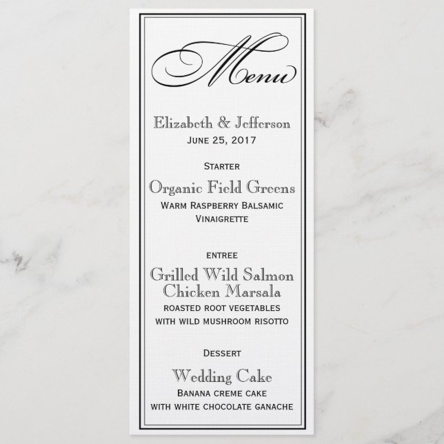 Élégante carte de menu Mariage à script noir et bl (Devant)