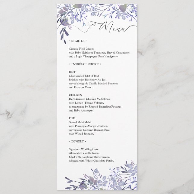 Elégante carte de menu Mariage aquarelle (Devant)