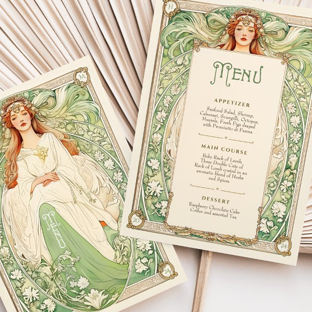 Elégante carte de menu Mariage Art Nouveau avec dé (Créateur téléchargé)