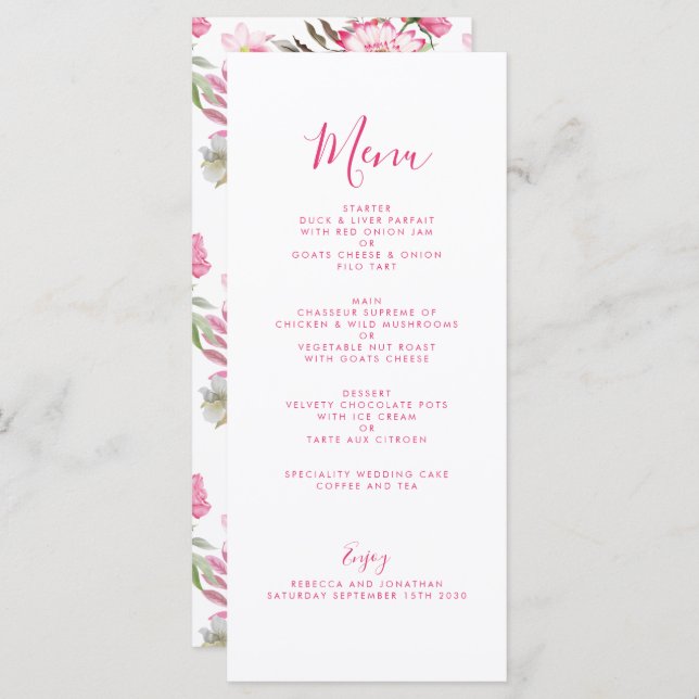 Elégante carte de menu Mariage couleur rose floral (Devant / Derrière)