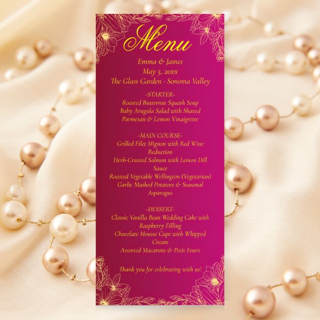 Elégante carte de menu Mariage de Bourgogne et or  (Créateur téléchargé)