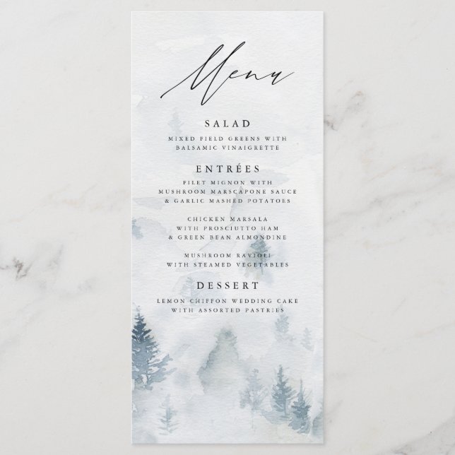 Elégante carte de menu Mariage de forêt d'hiver (Devant)