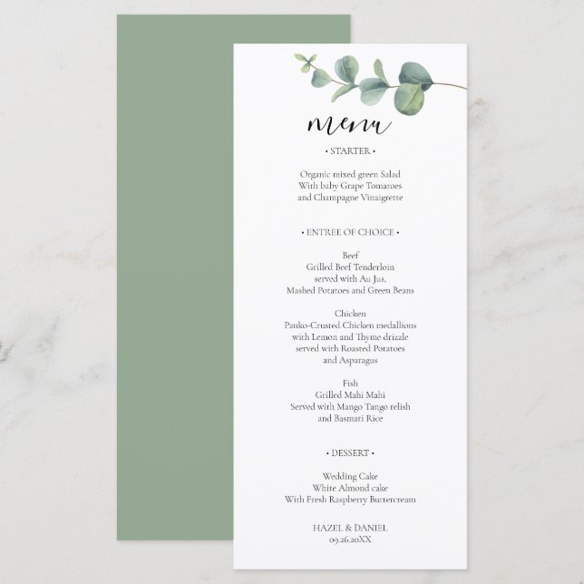 Elégante carte de menu Mariage Eucalyptus (Devant / Derrière)