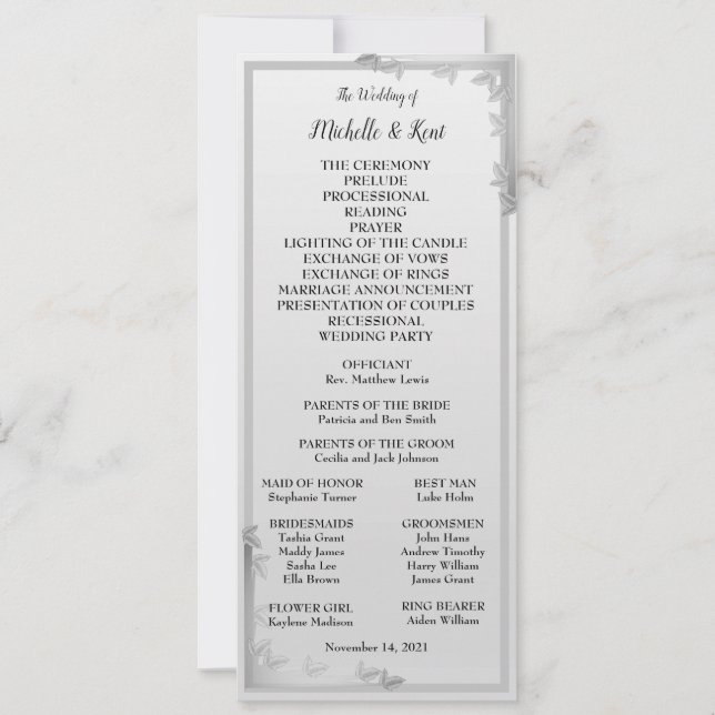 Elégante carte de menu Mariage Feuille Design Arge (Devant)