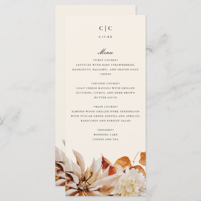 Elégante carte de menu Mariage Floral Automne (Devant / Derrière)
