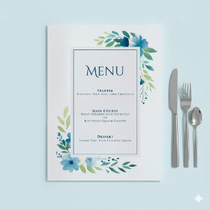 Elégante carte de menu Mariage Floral Bleu