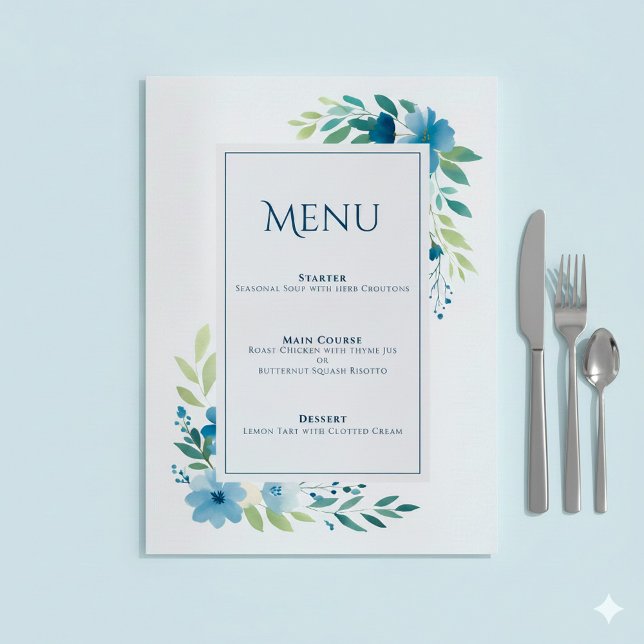 Elégante carte de menu Mariage Floral Bleu (Blue flowery wedding menu.)