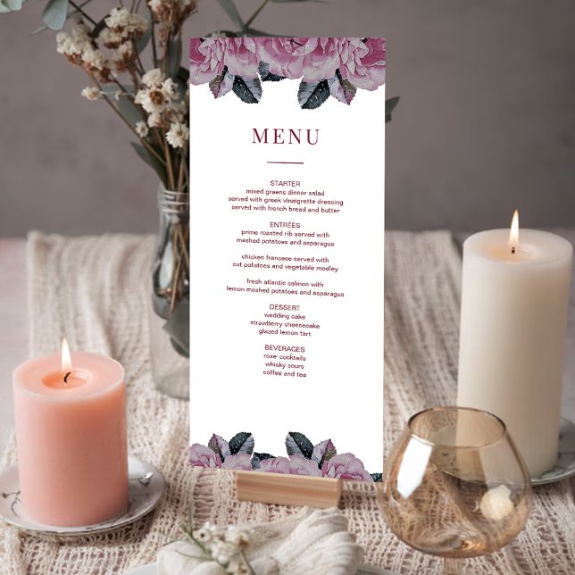 Élégante carte de menu Mariage floral romantique (Elegant Romantic Floral Wedding Table Menu Card)