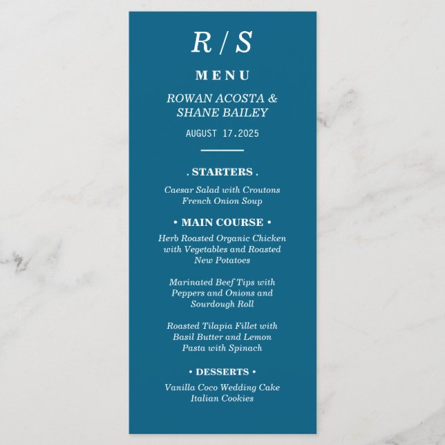 Élégante carte de menu Mariage Monogramme bleu cla (Devant)