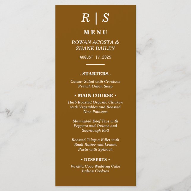 Elégante carte de menu Mariage Monogramme Brown de (Devant)
