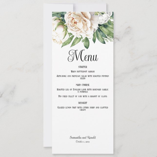 Elégante carte de menu Mariage Roses et pivoines b (Devant)