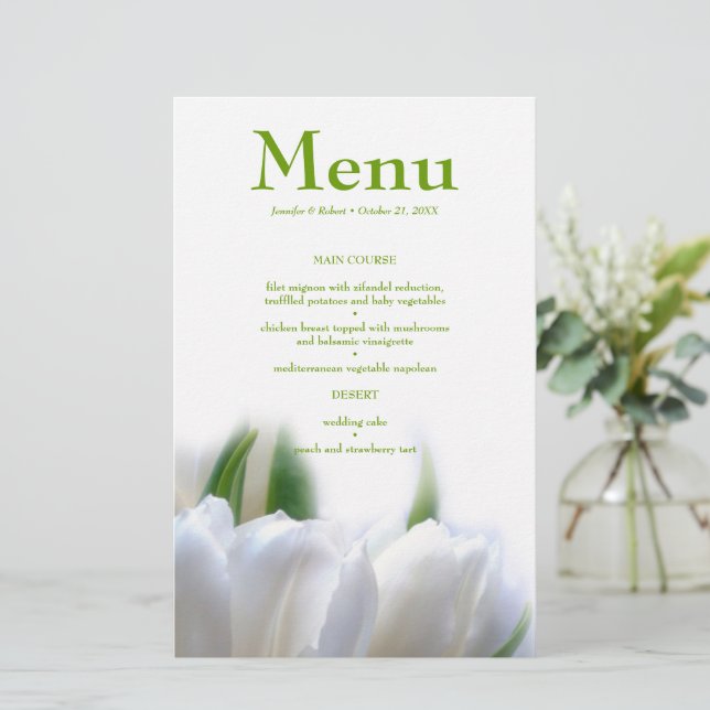 Elégante carte de menu Mariage Tulips blanc (Debout devant)