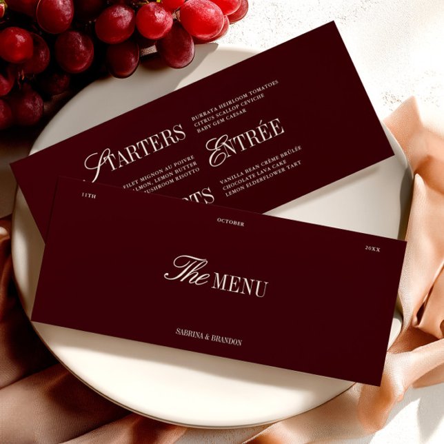 Elégante carte de menu pour dîner Mariage de Bourg (Elegant Burgundy & Ivory Wedding Dinner Menu Card)