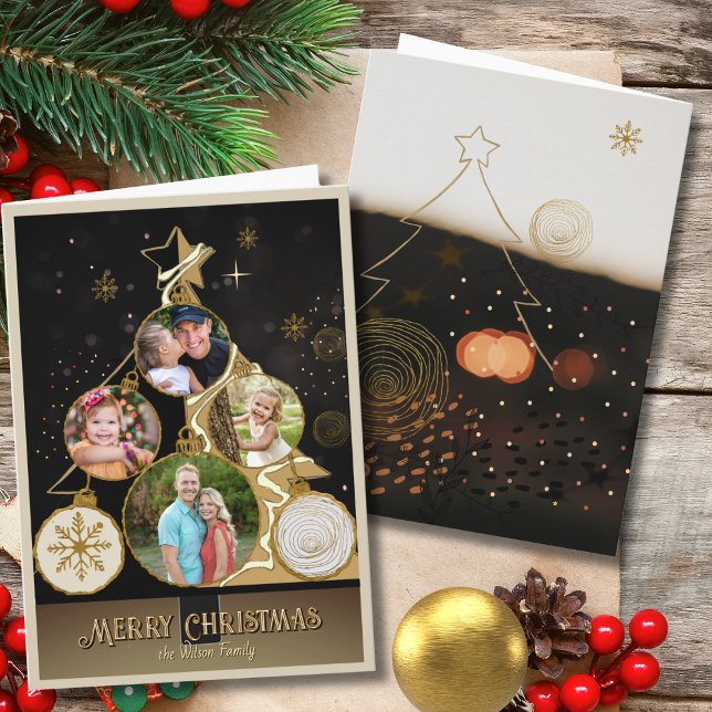 Élégante carte de Noël Charbon & Étoile Dorée 4-Ph (Elegant Charcoal & Gold Star 4-Photo Christmas Holiday Card)
