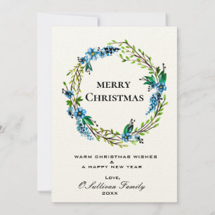 Elégante carte de Noël en couronne bleue - Floral